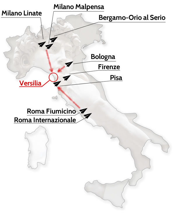 Cartina dei trasferimenti per gli aeroporti in Italia serviti da Etobus